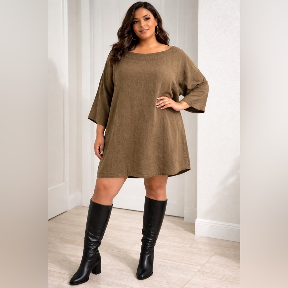 Women's Tan Linen Dress / Tunic. Long Sleeve, Boat Neck, Becasa Brand